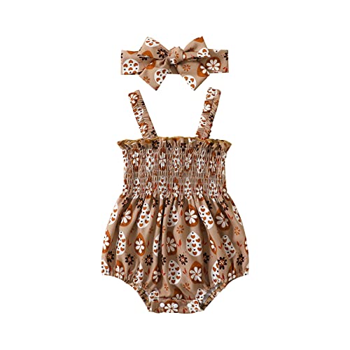 Easter Outfits Newborn Baby Girl Bodysuit Sleeveless Halter Frill Romper One-Piece Bunny Jumpsuit With Headband (Brown, 0-3 Months) #TOP18