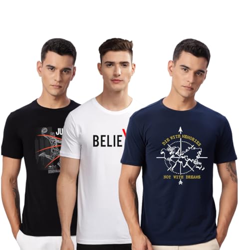 Image of ADRO 100% Cotton Lycra Tshirts for Men Combo Pack of 3 | Regular Fit | Printed T Shirt | Round Neck Half Sleeve| Mens Tshirts