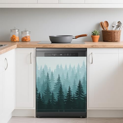 Image of Foggy Forest Refrigerator Magnet Cover,Green Pine Trees Washable Dishwasher Magnets Decorative Cover,Home Kitchen Decorative Dishwasher Front Panel Cover 23x26 Inch