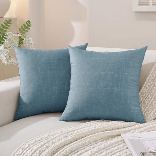 SYSLOON Linen Throw Pillow Covers Set of 2,18x18 Pillow Covers,Lake Blue