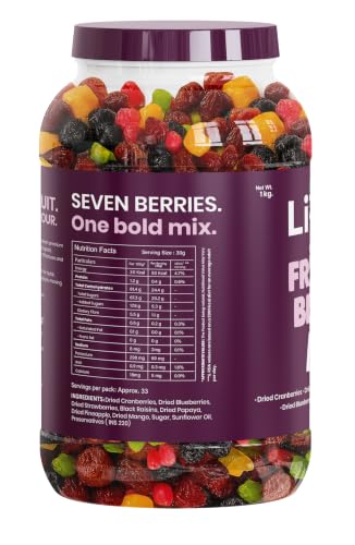 Image of Livyor 7 in 1 Dried Fruits and Berry Mix for eating - 1kg | Good Source of Fibre | Dried Cranberries | Pineapple | Pamelo | Papaya | Blueberries | Strawberries | Mango | Fruits & Berry Blast | Berries dry fruits | Berries fresh | Pack of 1