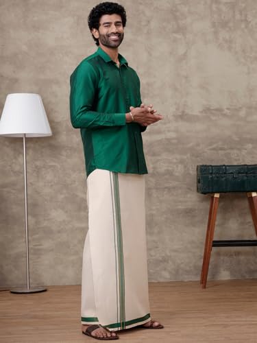 Image of RAMRAJ COTTON Men Parsley Green Silk Cotton Full Sleeves Shirt With Matching Border Tissue Dhoti Set CCB Fortune-SMC3