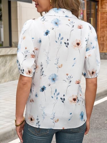 Image of Tankaneo Women's Button Down Shirts Short Puff Sleeve Collared Dressy Casual Blouse Tops