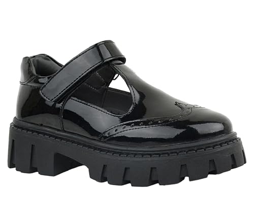 SIRRI Girls Black School Uniform Shoes - Brogue Mary Jane Platform Shoes with Strap