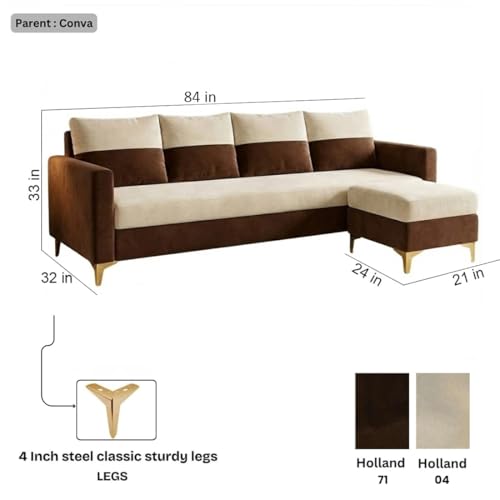Image of FURNY Canvora 5 Seater L Shape Sofa Set with Movable Ottoman | Flexible Left or Right Layout | Plush Velvet Fabric (Cream-Brown) | Perfect for Living Room, Guest Room & Office
