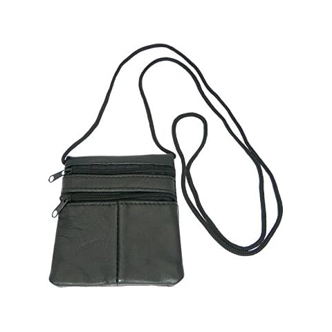 Small Soft Patchwork Leather Neck Purse/Pouch/ID Holder - 2 Zipped Compartments - 1 Transparent Window - BLACK LEATHER Cover