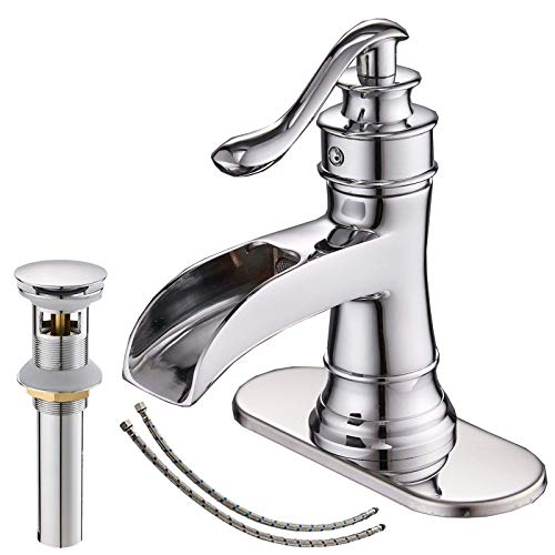 BATHLAVISH Chrome Bathroom Faucet Waterfall Single Hole for Sink Vanity 1 Handle Deck Mount Bath Lavatory Polished with Pop up Drain Assembly Mixer Tap with Overflow Lead-Free