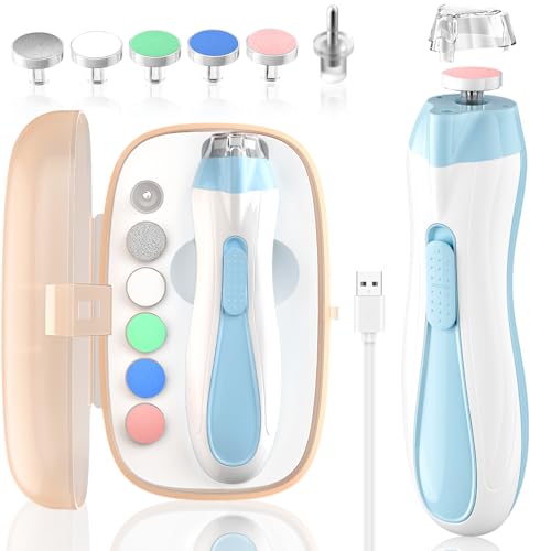 Baby Nail File Electric Baby Nail Care Set with LED Light, Baby Nail Clipper Electric for Newborn/Infants/Adults Toenails and Fingernails, 7 Grinding Head Replacement Pads, Blue