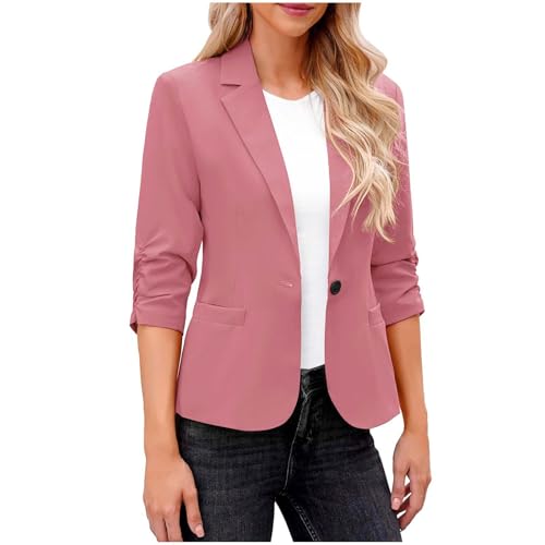 Blazers for Women Ruched 3/4 Sleeve Lightweight Slim Fit Jackets Button Front Business Casual Outfits with Pockets