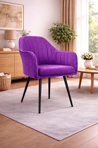 Image of Accent Chair for Living Room| Soft Velvet Fabric Armchair with Multi Colour Leg Options | Modern Chair with Thick Cushion for Home Office restaurent and cafes| 1pc (Black Le, Purple)