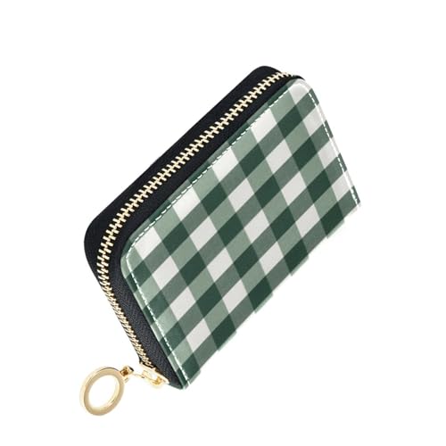 Women's Green White Buffalo Plaid Credit Card Holder Wallet Leather Zipper Card Case for Ladies Girls 20300934