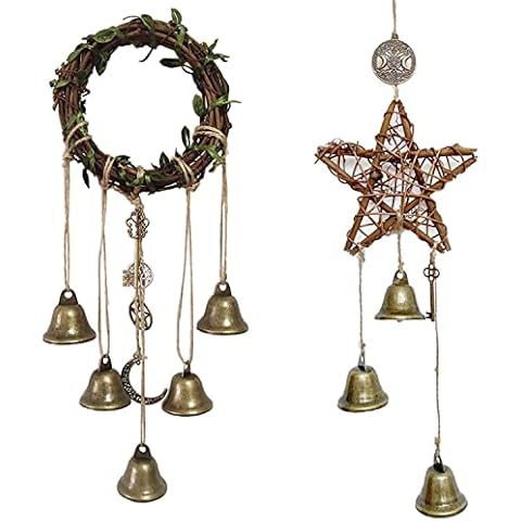 2PCS Handmade Pentagram Witchcraft Chimes Protection Home Witch Pentagram Wreath Bells Door Decor Wicca Witchcraft Chimes Hanging Witchy Rattan Chimes Cover