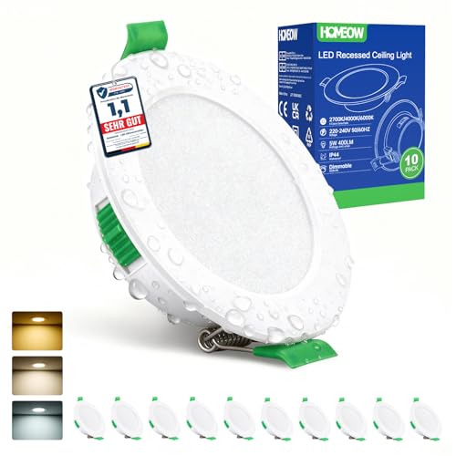 HOMEOW LED Einbaustrahler 230V, 5W 400LM LED Spot 68mm - 78mm Lochmaß, IP44 Warmweiß Neutralweiß Kaltweiß Deckenspots, 24mm Ultra Flach Einbauleuchten für Badezimmer Küche, 10er Set HOMEOW LED Einbaustrahler 230V, 5W 400LM LED Spot 68mm - 78mm Lochmaß, IP44 Warmweiß Neutralweiß Kaltweiß Deckenspots, 24mm Ultra Flach Einbauleuchten für Badezimmer Küche, 10er Set