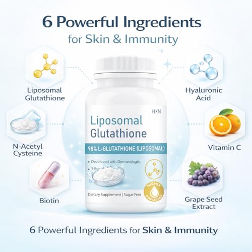 Image of HXN Liposomal Glutathione 1200mg with Hyaluronic Acid, Resveratrol, and Vitamin C Supplements, 98% L Glutathione, Skin Health Antioxidant, 60 Tablets