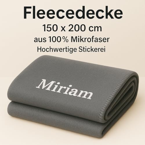 Pet-Jos Personalisierte Kuscheldecke Bestickt mit Namen oder Wunschtext Bestickt, Decke 200 cm x 150 cm, Wohndecke mit Stickerei, weiche und kuschelige Sofadecke (Grau)