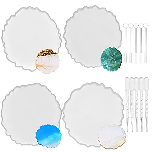Reastar Epoxidharz Formen 4 Stück Silikonformen Epoxidharz, DIY Resin Silikonform mit 5 Stück Pipetten Plastik und 5 Stück Rührstäbchen - für Silikonform Untersetzer, Home Decoration Kunsthandwerk Cover