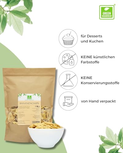 Bananenchips von der Grünen Essenz - Bananen in Form von Chips - mit Kokosnussöl - ohne Konservierungsstoffe - ungeschwefelt - leicht gesüßt - ideal als Snack für zwischendurch (1 Kilogramm)