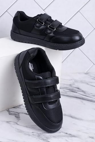Image of ATHCO Scholar School Shoes Black for Boys & Girls| Soft Cushioned Memory Foam Heel Pad Support|Uniform Shoes | Lightweight | Velcroo |Easy Wear & Care|Padded Textured Heel Grip Lining | Breathable | All Day Comfort