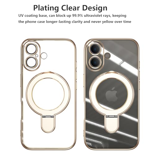 Image of Magnetic Ring Case for iPhone 16 Case Kickstand Compatible with MagSafe Built-in Camera Lens Protector Shockproof Phone Case for iPhone 16 6.1 inch - Gold