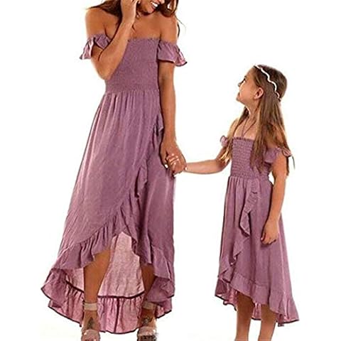 Mom Daughter Matching Dresses Off Shoulder Maxi Ruffle Backless Matching Outfit (Purple, 7T) Cover