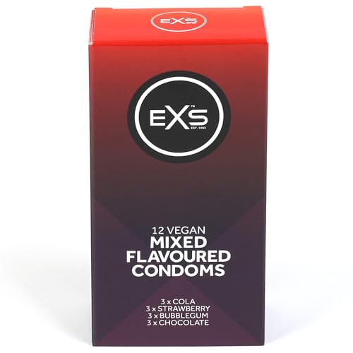 EXS Mixed Flavoured Condoms (12 Pack) Regular Fit, Premium Latex with Non-Spermicidal Lube, Flared with Teat, PETA-Approved Vegan Condom, 3 Year Life - CE Marked NHS Approved Male Condoms
