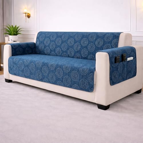 Image of STITCHNEST 'Opulence Series' Floral Woven Sofa Cover for 2 Seater | Premium Soft Fabric Sofa Protector | Blue Circular Pattern with Tassel Edge Finish | Durable Living Room Furniture Cover