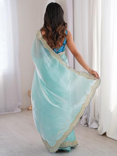Image of AKHILAM Women's Shimmer Satin Sequence Embroidery Work Border Saree With Unstitched Blouse Piece