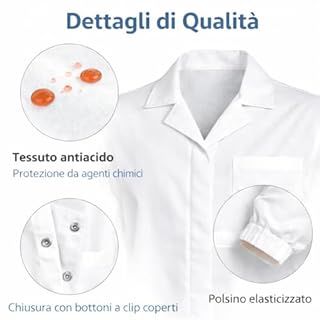 Ristohouse Laboratorio/Camice Bianco Da Laboratorio Antiacido con Bottoni a clip ed Elastico ai Polsi + Occhiale Protettivo Trasparente/UNISEX/Perfetto per i Corsi - Scuola - Studenti (L)