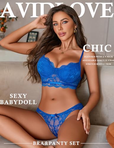 Image of Avidlove Lingerie for Women Lace Strappy Underwear V Neck Bra and Panty Sets 2 Piece Bralette Outfits