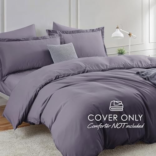 Image of Hearth & Harbor Grayish Purple Duvet Cover with Fitted Sheet Twin Size | 3 Piece Soft Double Brushed Bedding Set, Button Closure, 1 Duvet Cover 68x90 Inches, 1 Fitted Sheet, 1 Pillow Sham