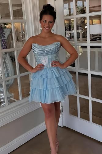 Strapless Homecoming Dresses for Teens 2025 Tiered Chiffon Corset Short Prom Formal Dress4