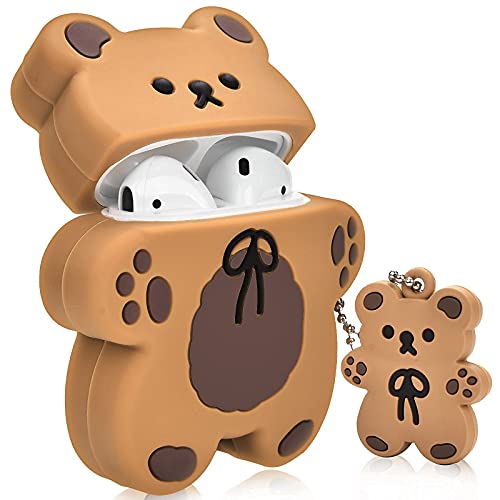 Aleviker Cute AirPods Cases with Bear Keychain Cartoon Biscuit Bear Design Full Protective Silicone Cover Compatiable with AirPod 2&1 Case for Kids and Womens (Dark Brown)