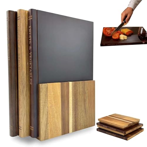 Schneidebrett-Bibliothek, 3er-Set, stilvolles, von Büchern inspiriertes Design für die Küche, hochwertiges Massivholz, platzsparender Ständer, ideal für Essenszubereitung in der