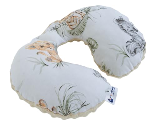 Medi Partners Almohada Cervical Coche Bebe cojin cuello niños cojín viaje - 100% Algodón/Minky Avion Neck Travel Pillow Almohadilla Cervicales Nino (Safari con beige Minky)