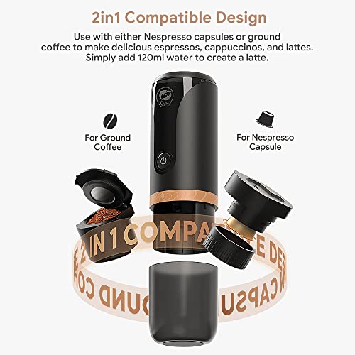 Portable Espresso Maker, 12V Electric Travel Coffee Machine, Golden 9 Bar Pressure Rechargeable Battery Mini Espresso Machine To Make Rich Crema Coffee, Support To Use N Espresso Pods & Ground Coffee #TOP2