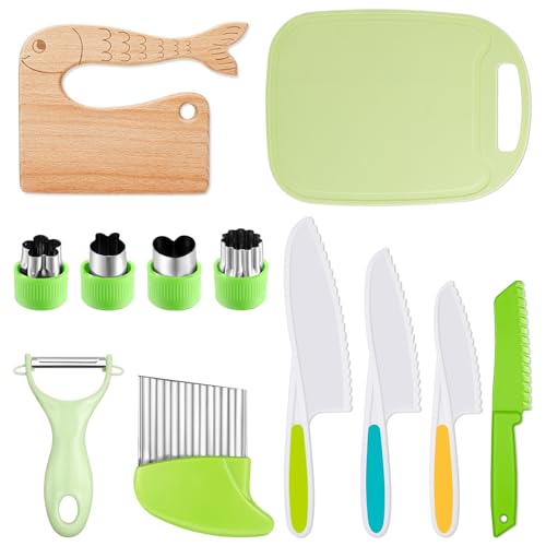 Firtink Kindermesser 12er Set, Kinder Küchenmesser aus Holz zum Kochen und Schneiden, Küchenmesser für Kleinkinder Einschließen Wellenschneider...