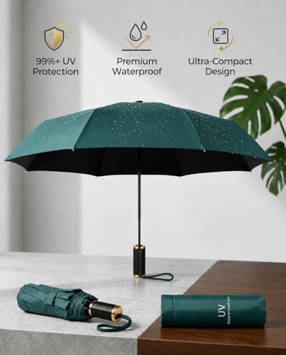 Image of UV Protection Compact Folding Umbrella for Men & Women || Windproof, Waterproof Travel Umbrella with Storage Case || Sun & Rain Protection || Lightweight Portable Umbrella