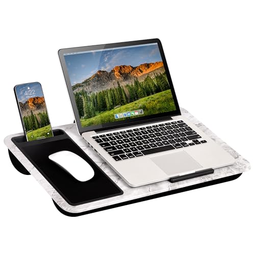 Image of LAPGEAR Home Office Left-Hand Lap Desk - White Marble, Fits 15.6 inch Laptops | Built-In Mouse Pad & Phone Slot, Integrated Device Ledge, Dual-Bolster Microbead Cushion, Carry Handle