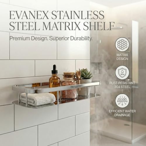 Image of EVANEX Bathroom Storage Shelf | 12x5 Inch 304 Stainless Steel Bathroom Racks & Shelves | Wall Mounted Multipurpose Shelf | Kitchen Storage Organiser Rack | Bathroom Accessories Set
