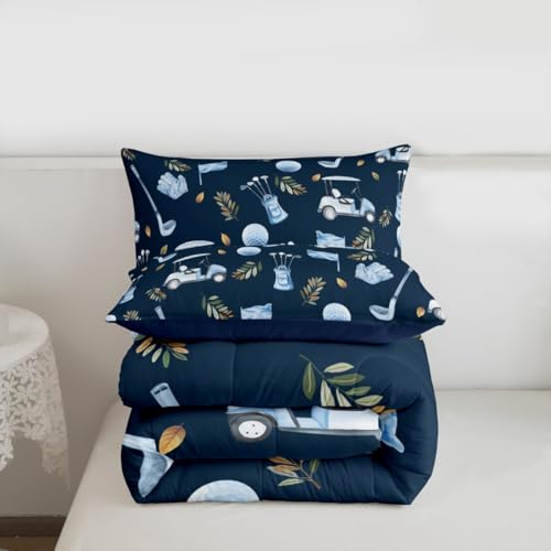 Image of Feelyou Navy Blue Golf Comforter Set King Size Leaves Bedding Set for Kids Boys Girls Sports Golfing Theme Duvet Quilt Bedroom Decor Microfiber 3 Pcs with 2 Pillow Cases