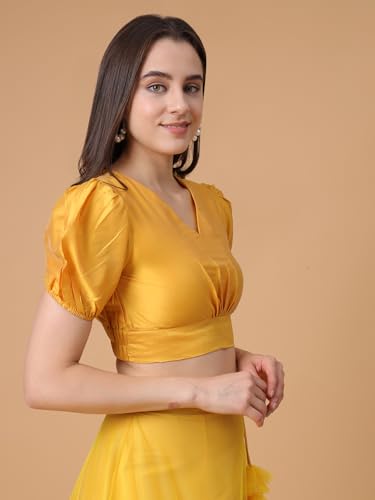 Image of Frolic Rolic Women's Girls Silk Puff Sleeve Solid V-Neck Crop Top Blouse for Party Wedding Festive