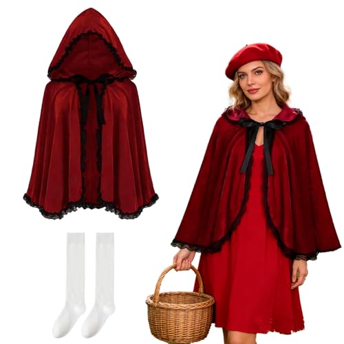 RAOPNHS Rotkäppchen Kostüm Damen - Eleganter Rotkäppchen Umhang mit Kapuze und Spitzenbesatz Set mit Weißen Socken Ideales Faschingskostüme Damen Rotkäppchen für Karneval Halloween und Cosplay