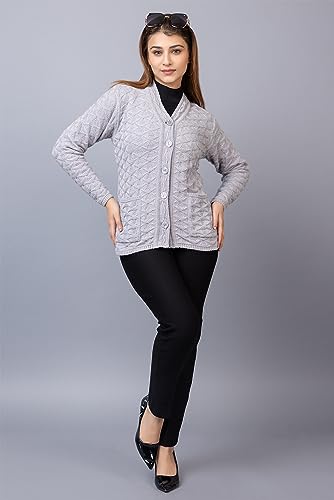 Image of Women Woolen V Neck Casual Wear Stylish Cardigan Sweaters for Winter with Front Pockets