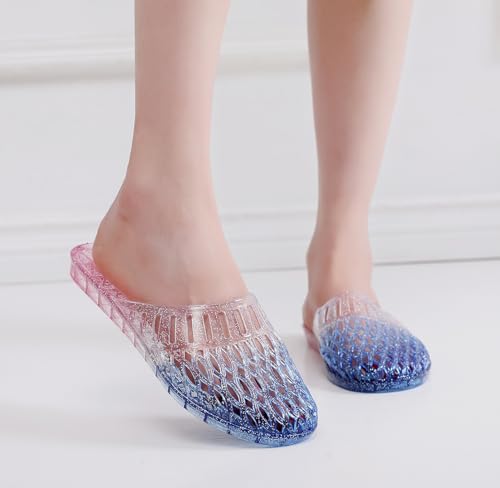 Image of Womens Jelly Shoes, White Jellies Sandals Glitter Clear Flats Slip On Summer Beach Slippers Transparent Closed Toe Soft Slide