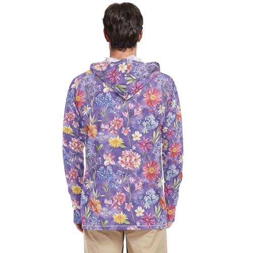 Sunny Daisy Flowers Purple Mens Sun Shirts Protection Long Sleeve Beach Hoodie Swim Shirt UPF 50+ S3