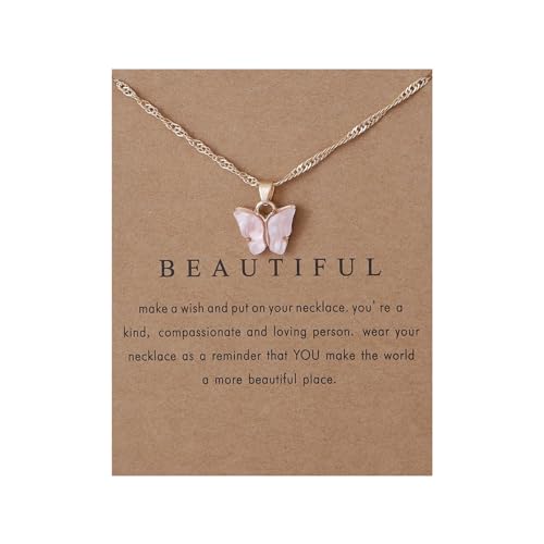 Sweet Cute Colorful Butterfly Adjustable Clavicle Chain Lightweight Arcylic Insect Necklace with Message Card Friendship Good Luck Bohemian Jewelry for Women