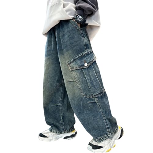 Boys Cargo Jeans Pants Teens Streetwear Elastic High Waist Loose Fit Baggy Wide Leg Denim Pants - Main Image