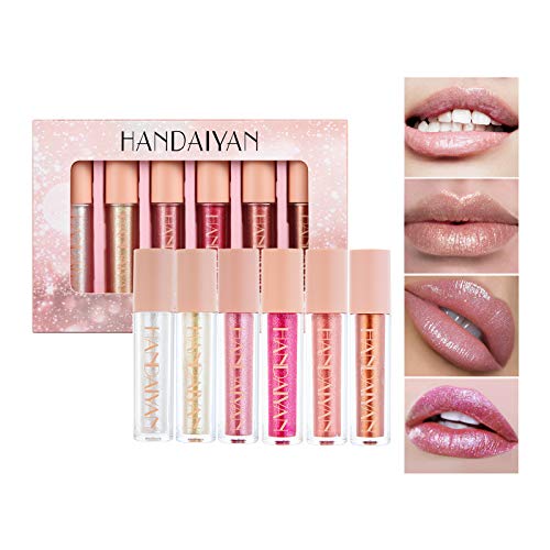 Emirde 6 PCS Liquid Lip Gloss Set, Moisturizing High Gloss Lip Glaze, Metallic Diamond Pearl Lip Gloss Lip Glaze with Sparkle, for Girls, Christmas Gift Box Lipstick Set
