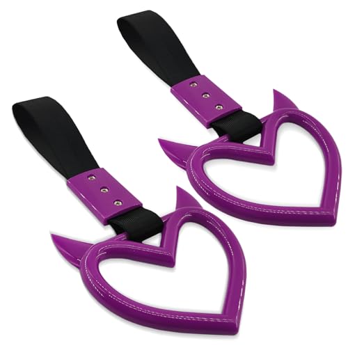 Image of 2PCS Heart shaped Car Handle Straps, Heart Car Accessories, Ring Hearts Shaped Cars Hand Strap Drift Charm, Universal Handle Keychains Accessory Suitable for Cars Bus (Purple+black)