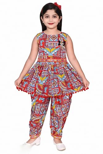 Image of Girls Ethnic Kurti and Dhoti Pant Set - Sleeveless Printed Outfit with Pom-Pom Hem | Dress for Kids